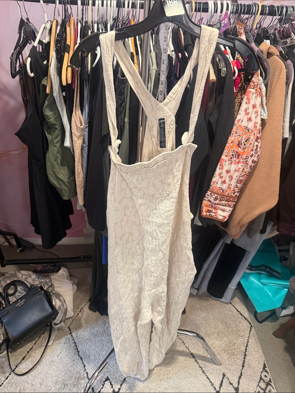 Smash + Tess x Hillary Duff Light Cream Textured Jumpsuit Overalls - Picture 2 of 3